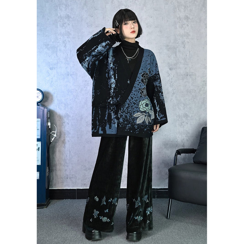 椿の花と鶯の刺繍ワイドパンツ