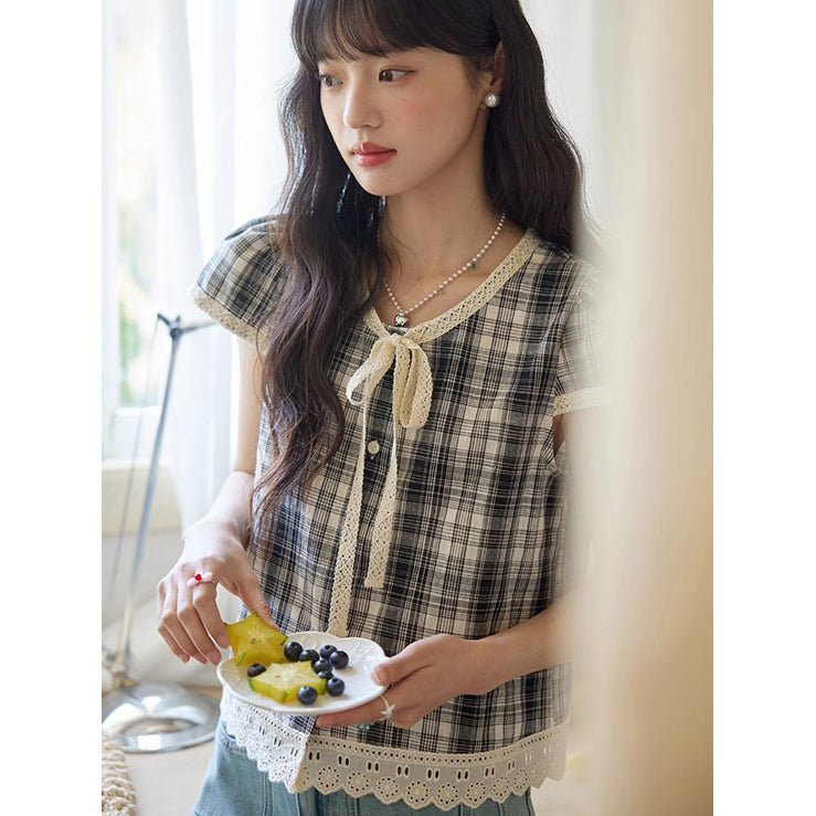 Black and White Checkered Lace Blouse