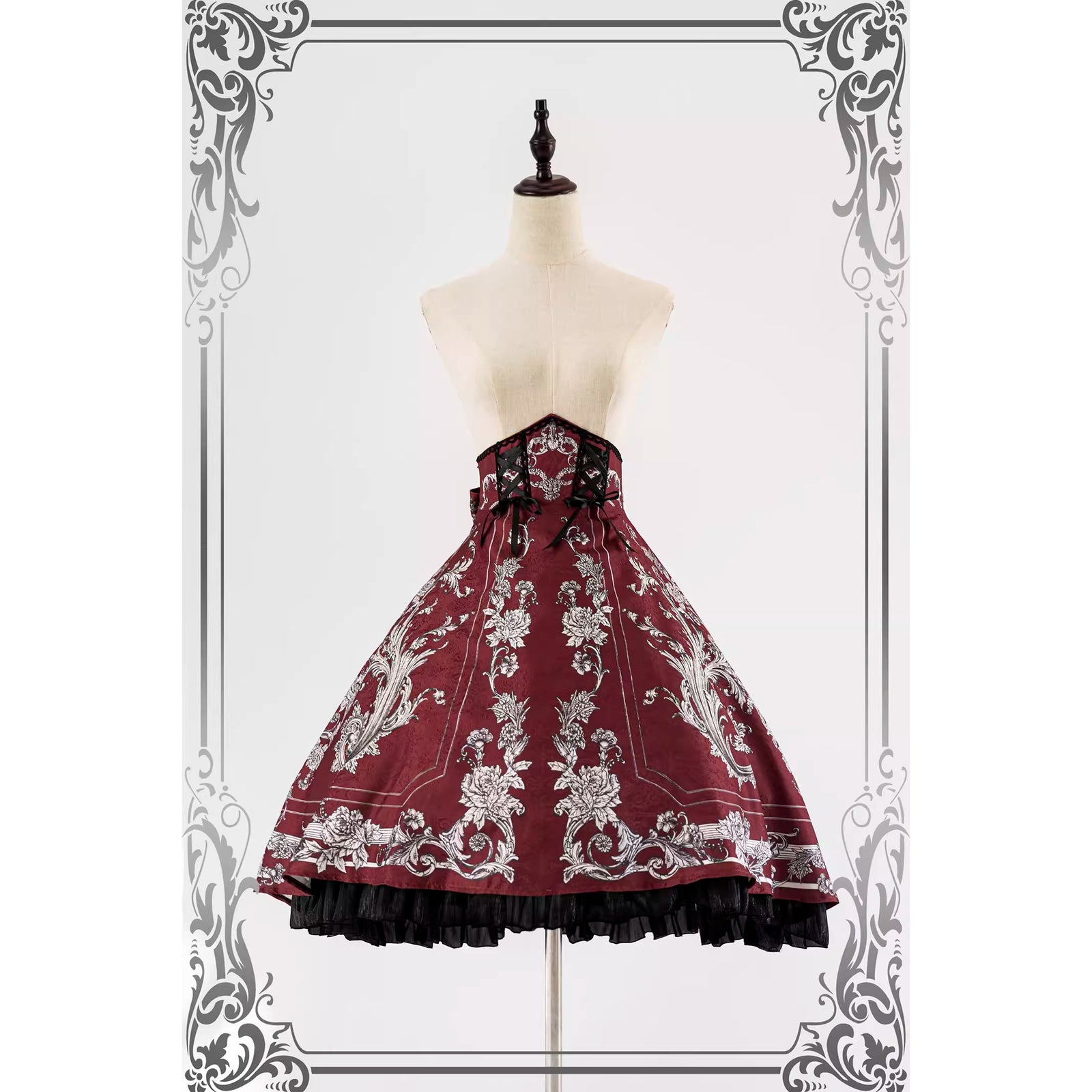 銀白の花蔦柄コルセットスカート - Wine Red[2026年6月上旬-6月下旬