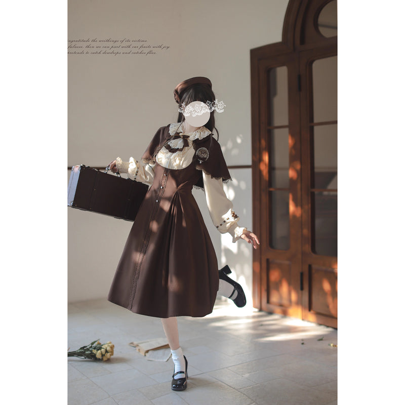 英国令嬢のクラシカルドッキングワンピースとケープ - Brown