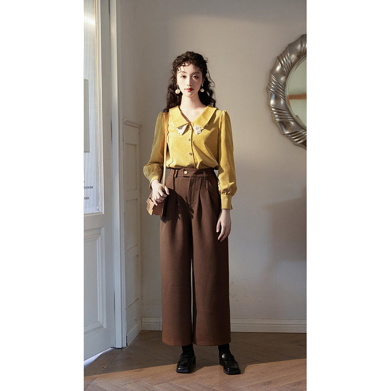 Dark Brown Herringbone Wide Pants