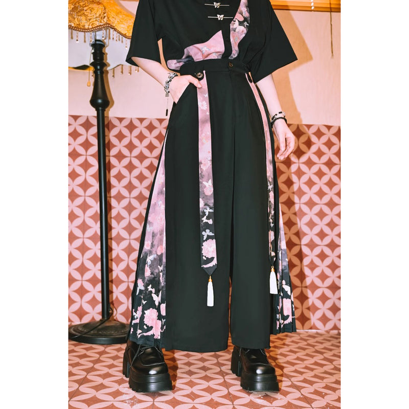 暗夜の花と蝶々のワイドパンツ