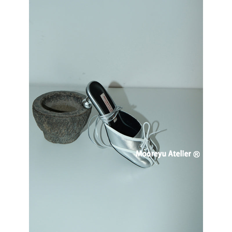 Metallic Silver Lace-up Strap Heel Mule