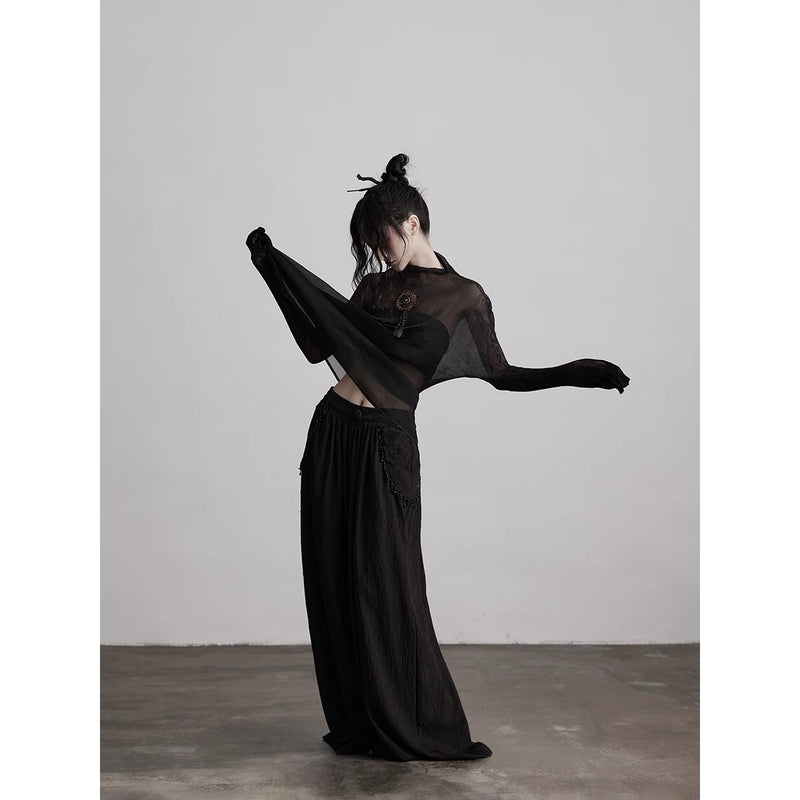 Stone Pendant Black Wide Pants