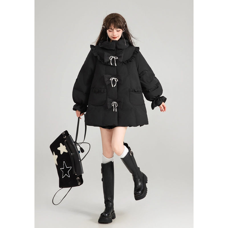 黒のお嬢様のリボンダウンジャケット