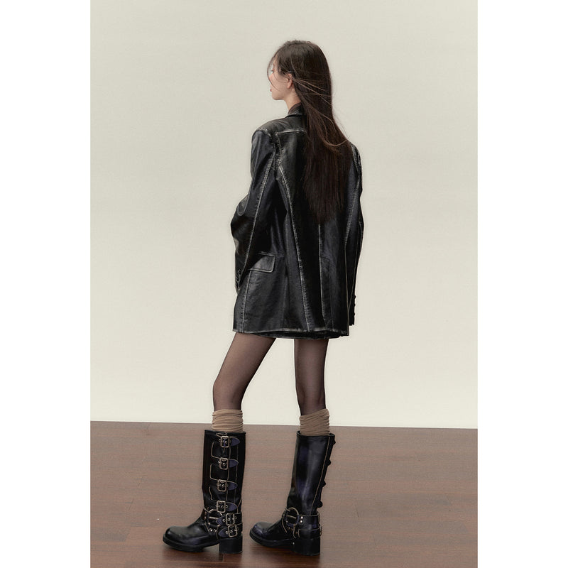 Black leather big silhouette jacket and short skirt