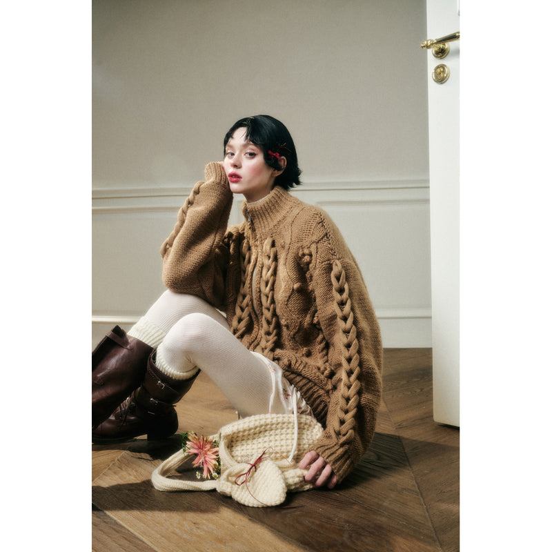 Hand-Knitted Cable Pattern Wool Knit Jacket