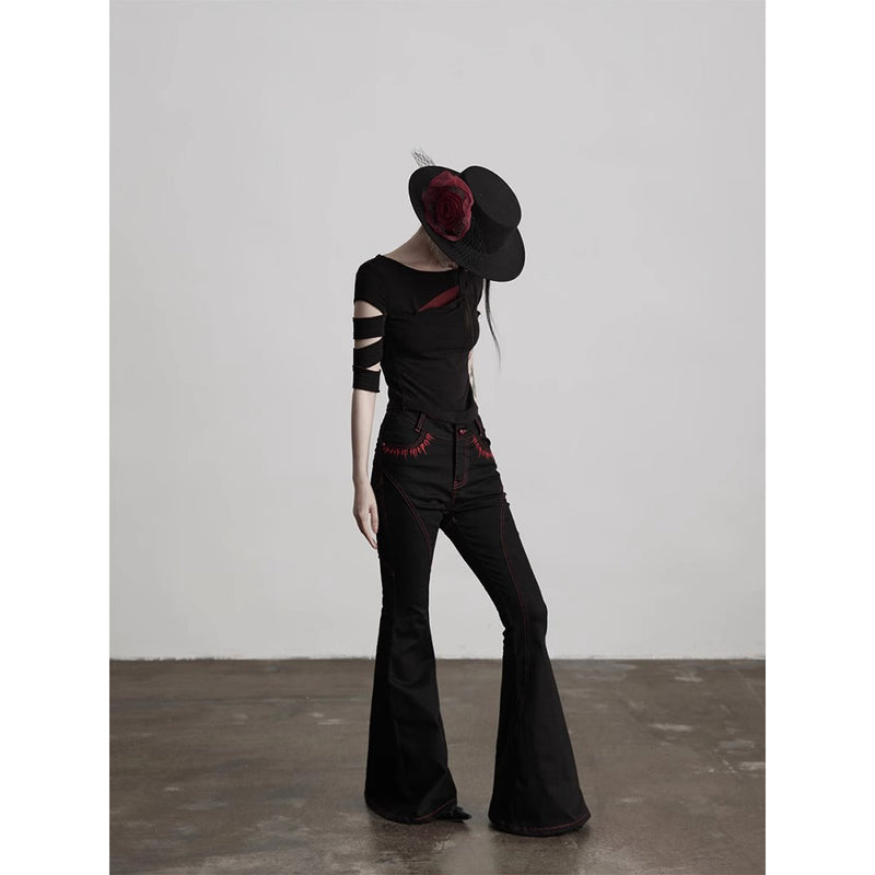 Punk Embroidered Flared Denim Pants