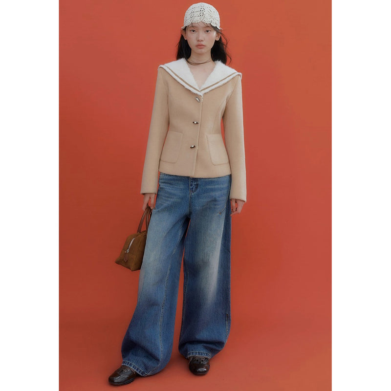 Sailor collar Beige Short Jacket