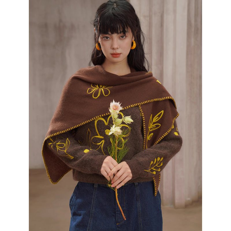 植物の刺繍ウールマフラー