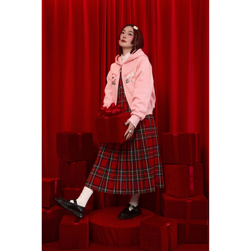 花束刺繍の格子柄ジャンパースカート