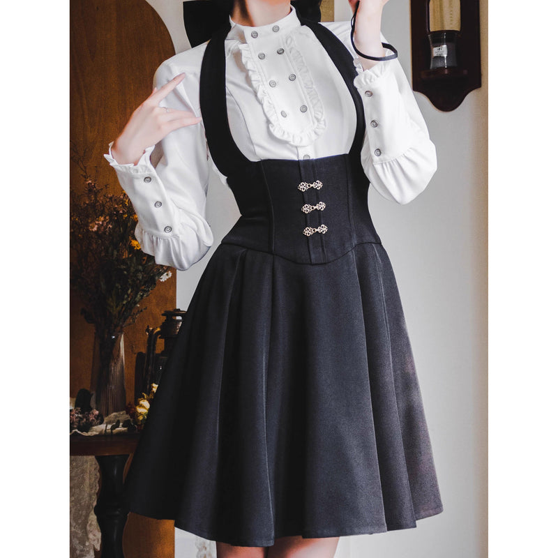 英国のお嬢様のスタンドカラーブラウス - White