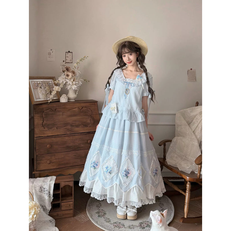 紫陽花の花の刺繍スカートとブラウス - Light Blue – ManusMachina