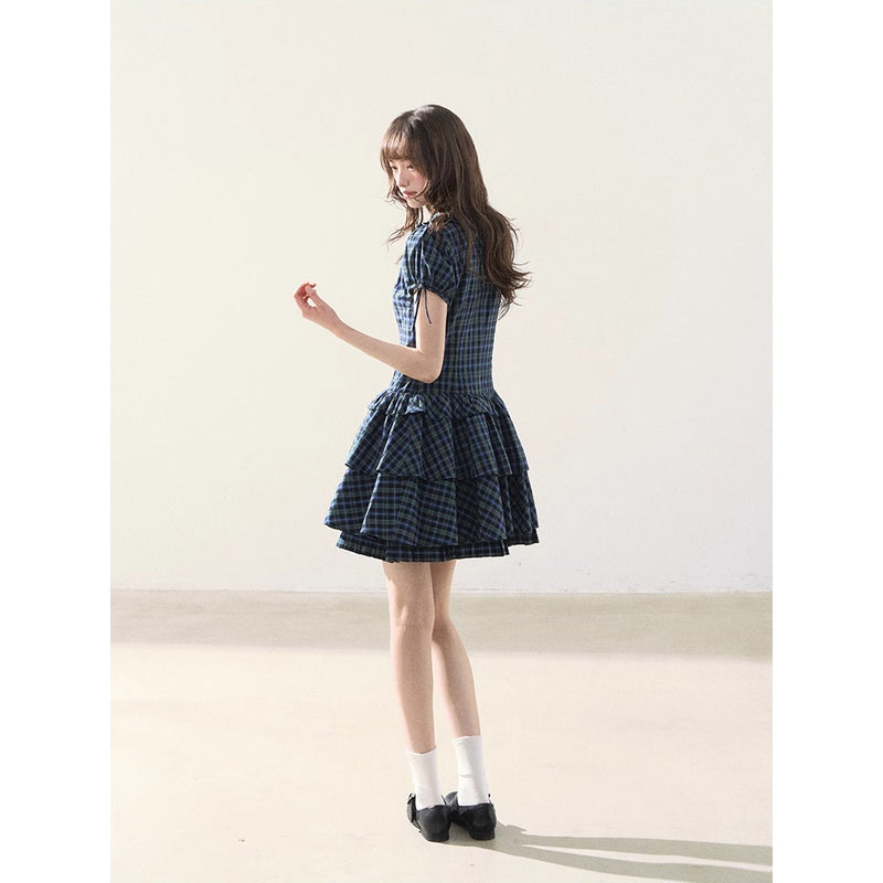 Blue and Green Checkered Tiered Dress