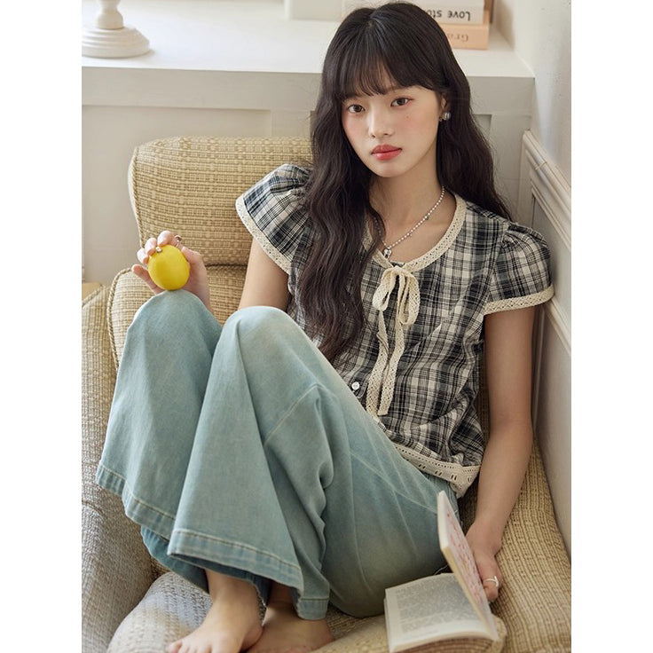Black and White Checkered Lace Blouse