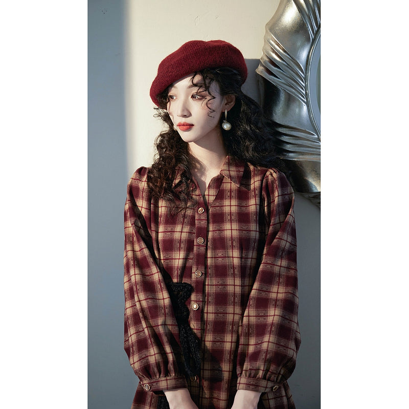 Reddish Bronze Plaid Retro Dress