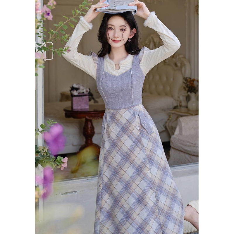 Light Purple Plaid Jumper Skirt and Knit Top