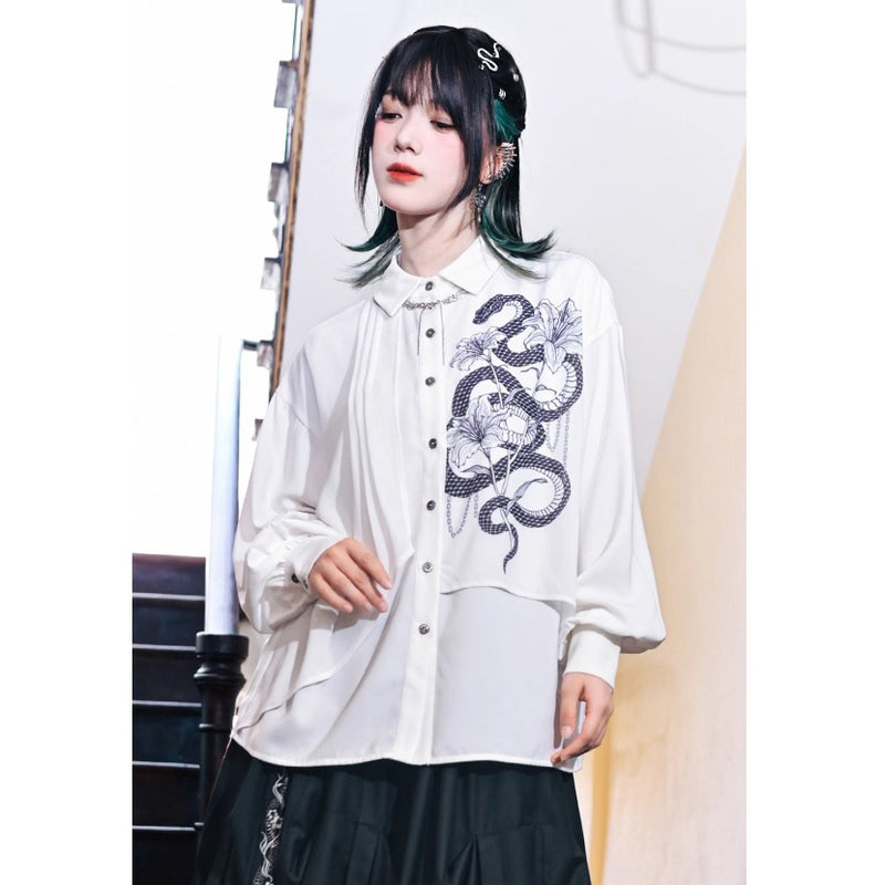 蛇と百合の挿絵ブラウス - White Ivory