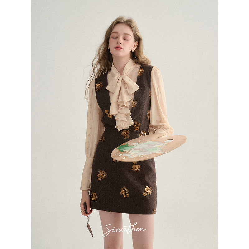 Brown Sequins Embroidered Jumper Skirt