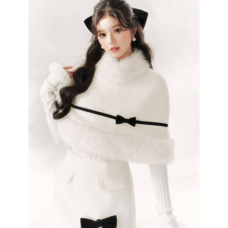 Pure White Ribbon Fur Cape and Skirt