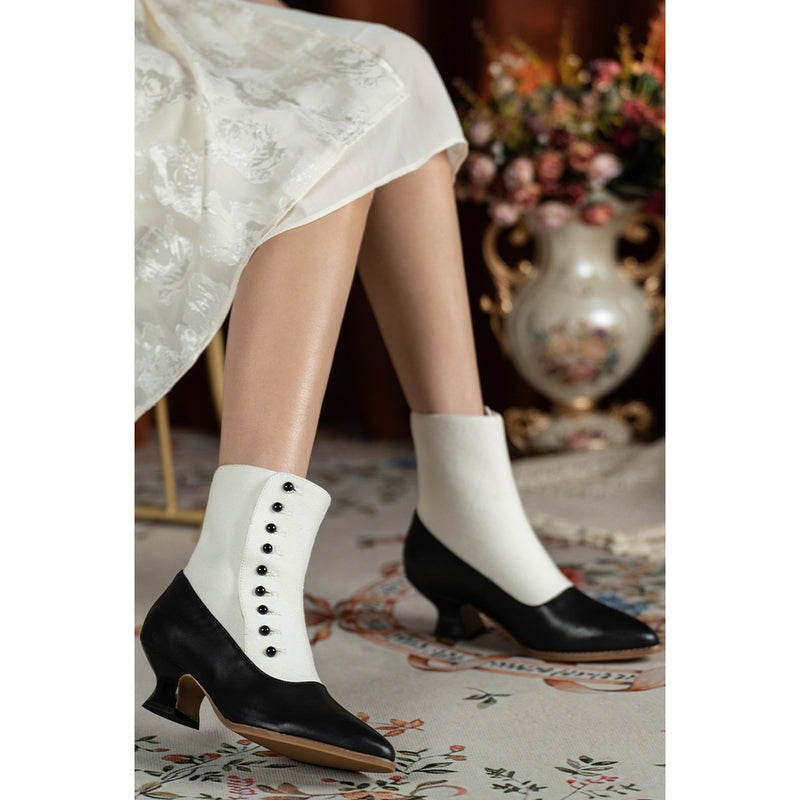 Victorian Pointed Toe Buttoned Short Boots - Black White