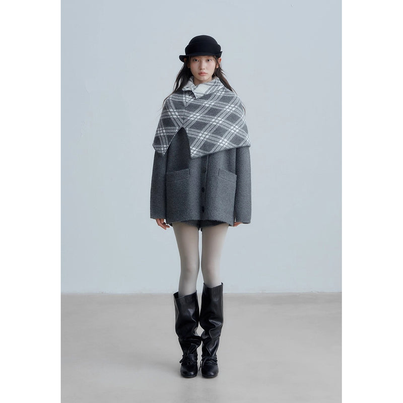 Checkered Cape and Grey Knit Cardigan