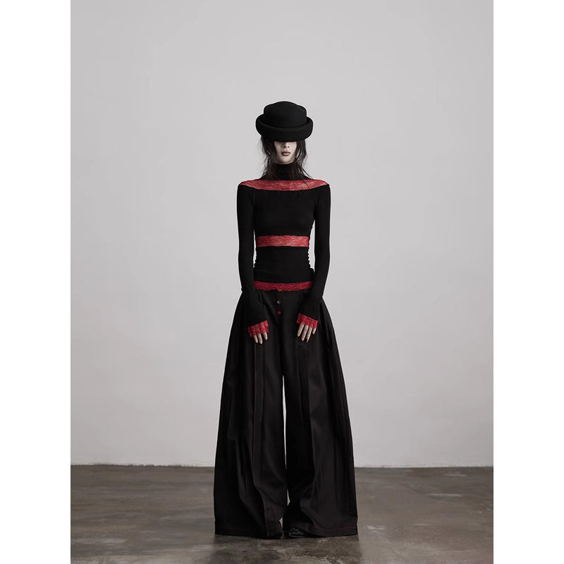 Black Red Turtleneck Knit Top