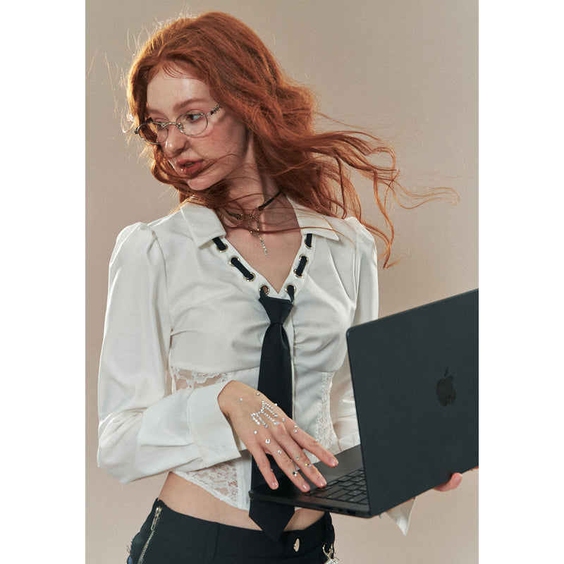 Black Tie Lace Short Blouse