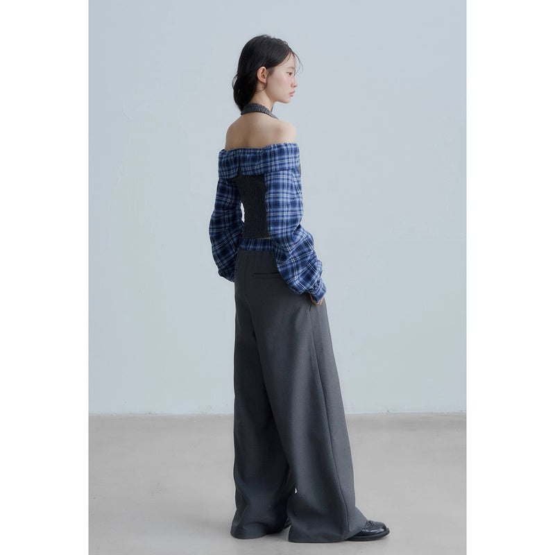 Checkered Off-the-shoulder Blouse and Grey Wide Pants