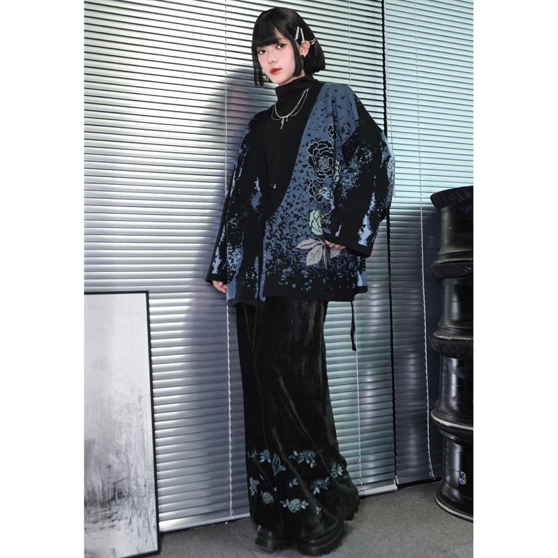 椿の花の刺繍アシンメトリーカーディガン