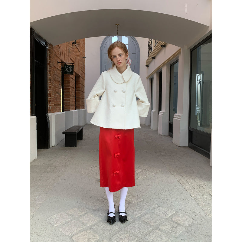 White Wool Coat and Ribbon Skirt