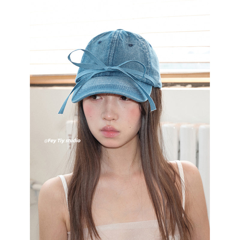 Denim Cap with a Ribbon