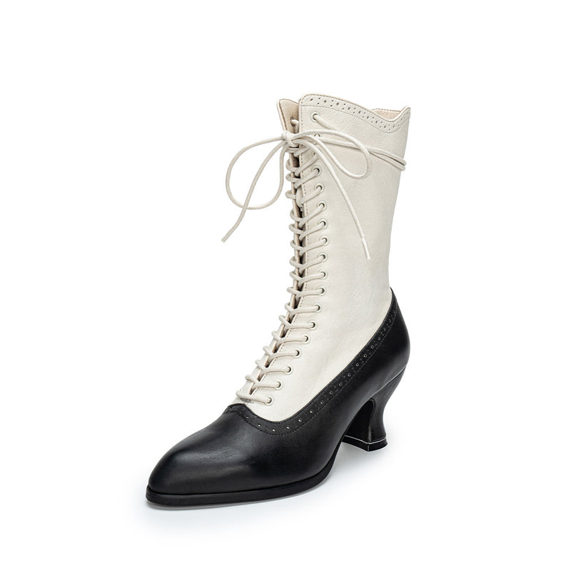 Victorian Pointed Toe Lace Up Boots - Black White