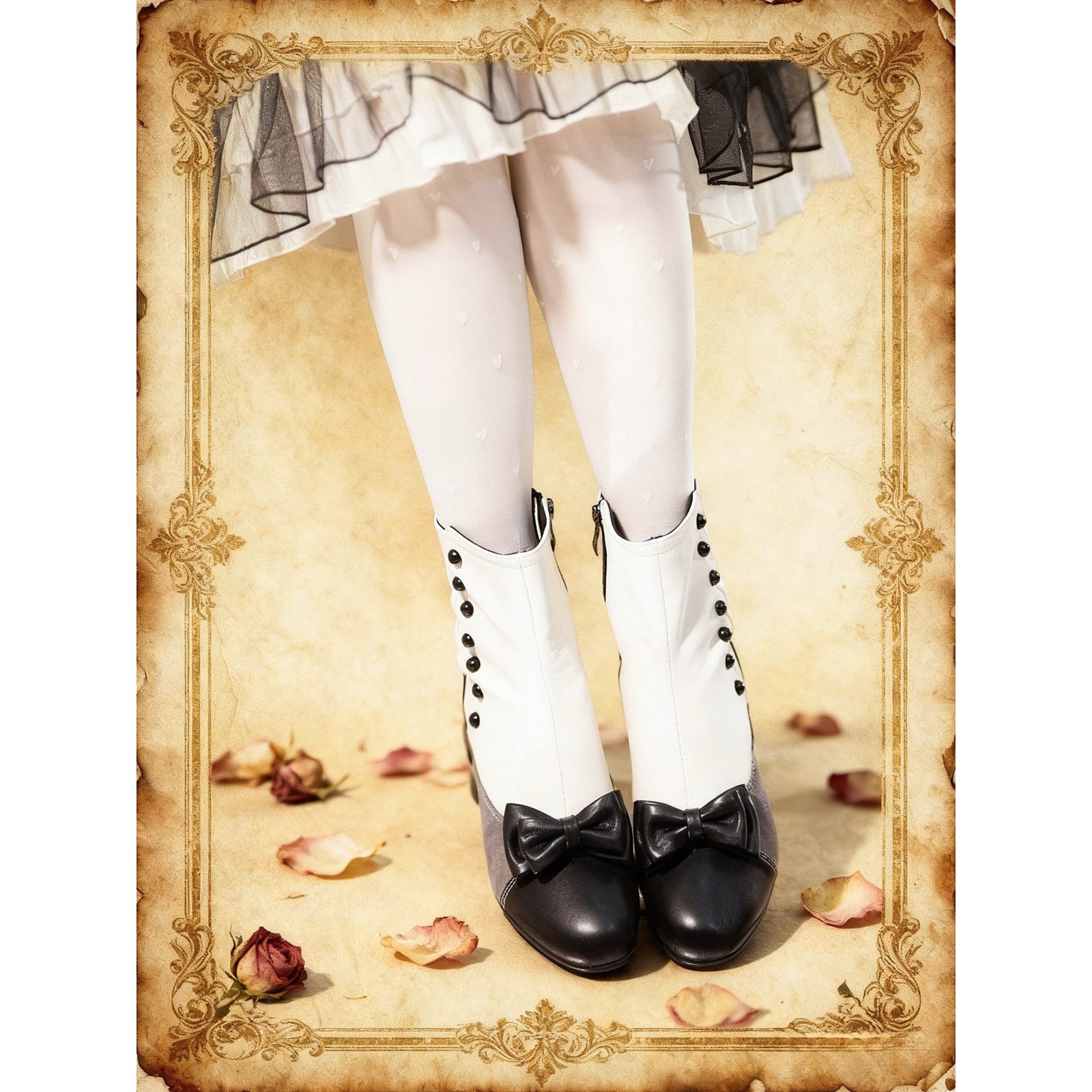 Ribbon Victorian Button Short Boots - Black White Gray[2026年2月