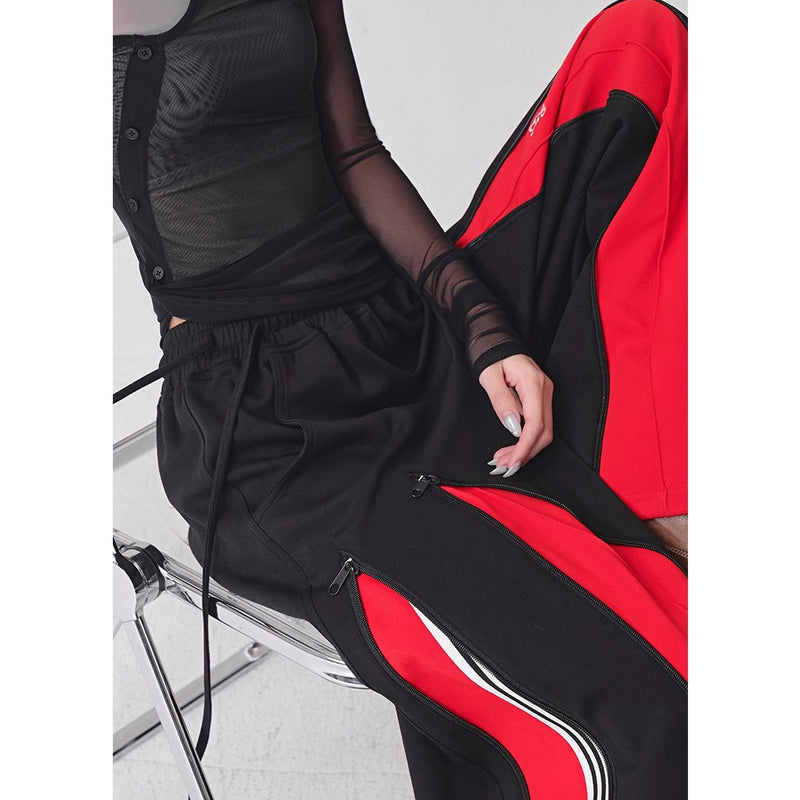 Red Switching Wide Track Pants