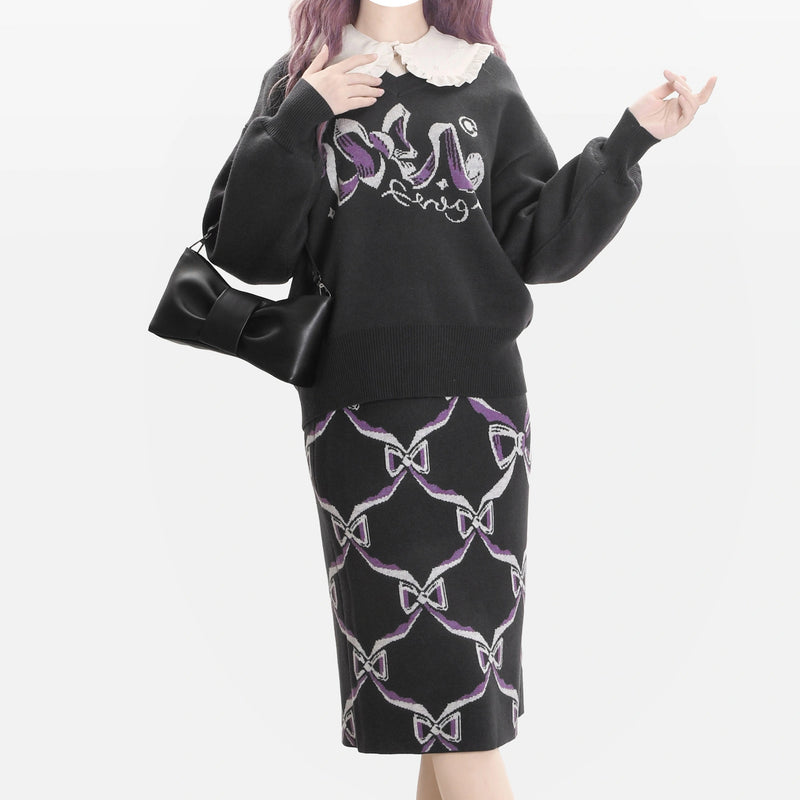 Black and Purple Sweater and Skirt with a Ribbon Pattern[2025年2月下旬-3月中旬発送予定]