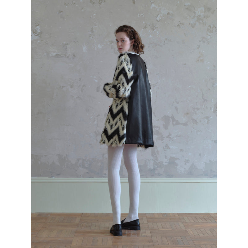 Geometric Pattern and Leather Fur Coat