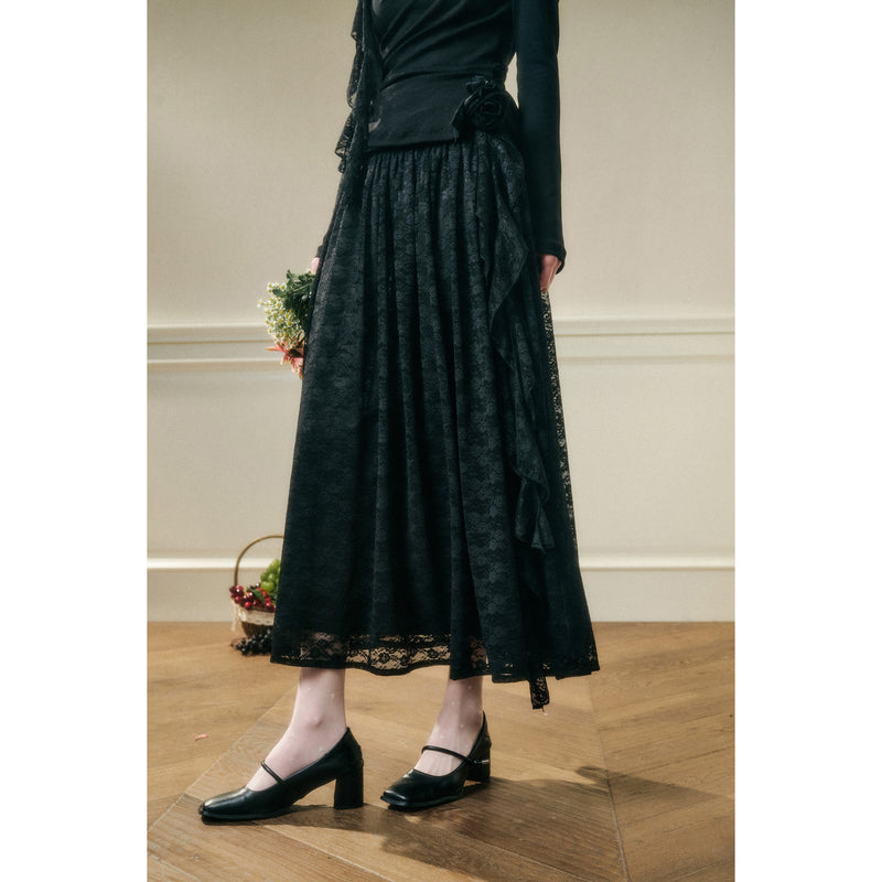 Rose Patterned Lace Top and Long Skirt - Black