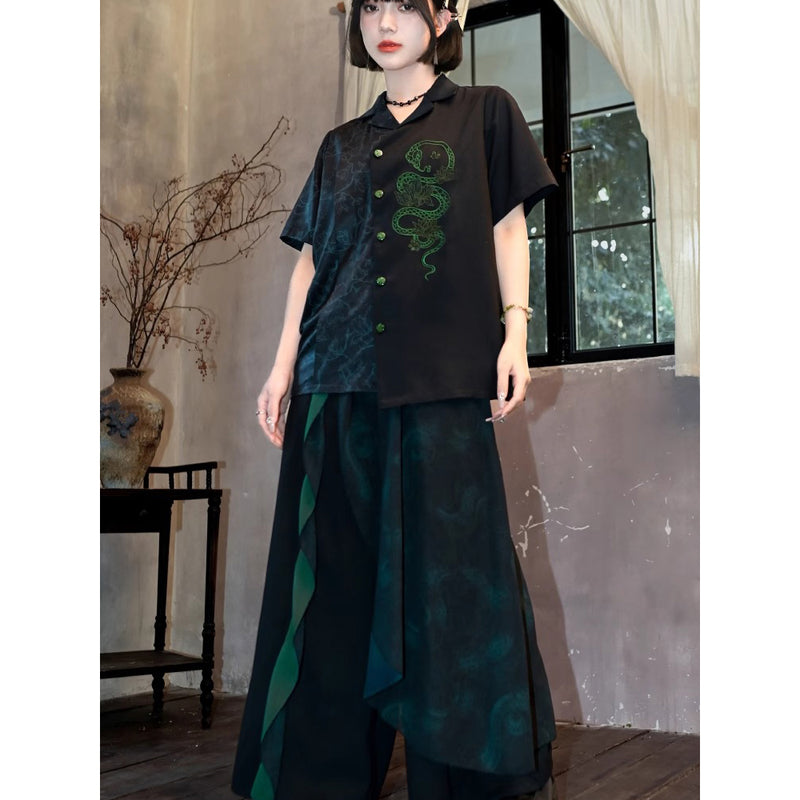 暗闇の蛇の刺繍アシンメトリーシャツ