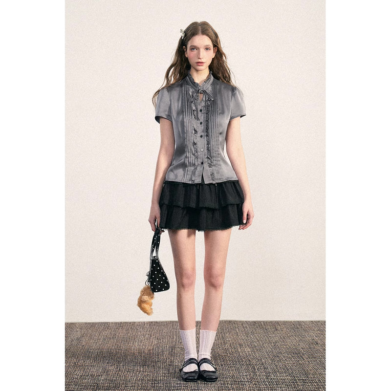 Gray Frill Pleated Blouse
