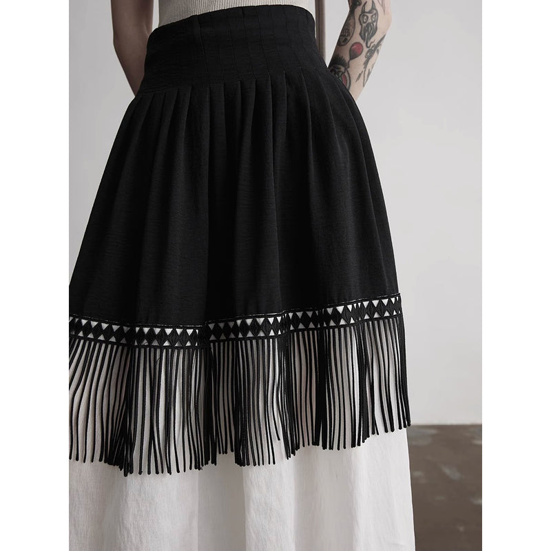Black and White Fringe Long Skirt