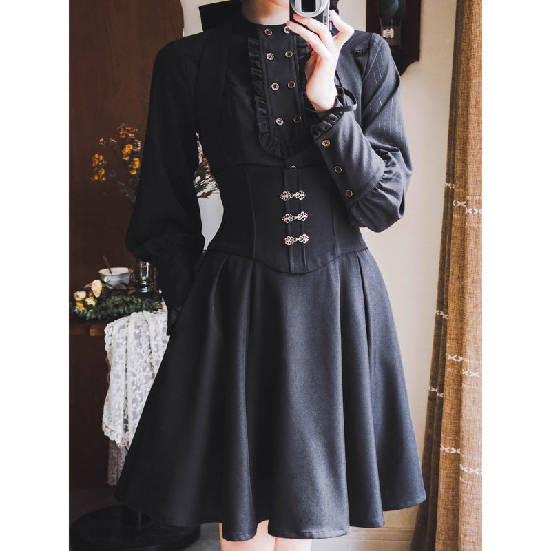 英国のお嬢様のスタンドカラーブラウス - Black