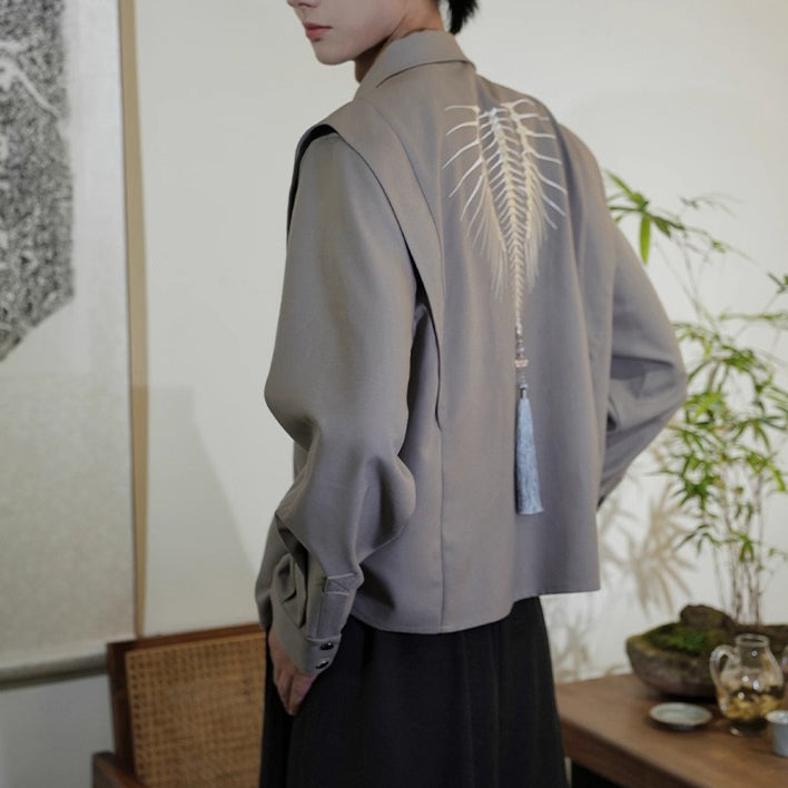 蛇骨の刺繍アシンメトリートップス - Gray
