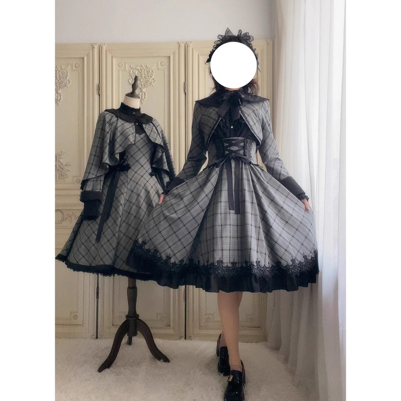 薄墨の格子柄ショートジャケットとケープ[2026年3月下旬-4月下旬発送予定]