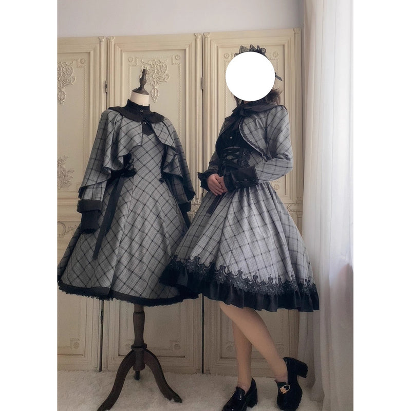 薄墨の格子柄ショートジャケットとケープ[2026年3月下旬-4月下旬発送予定]