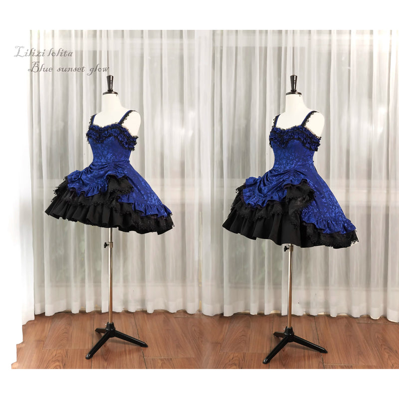 瑠璃紺の花群集の刺繍ワンピースとジャンパースカート[2025年12月中旬-2026年1月中旬発送予定]