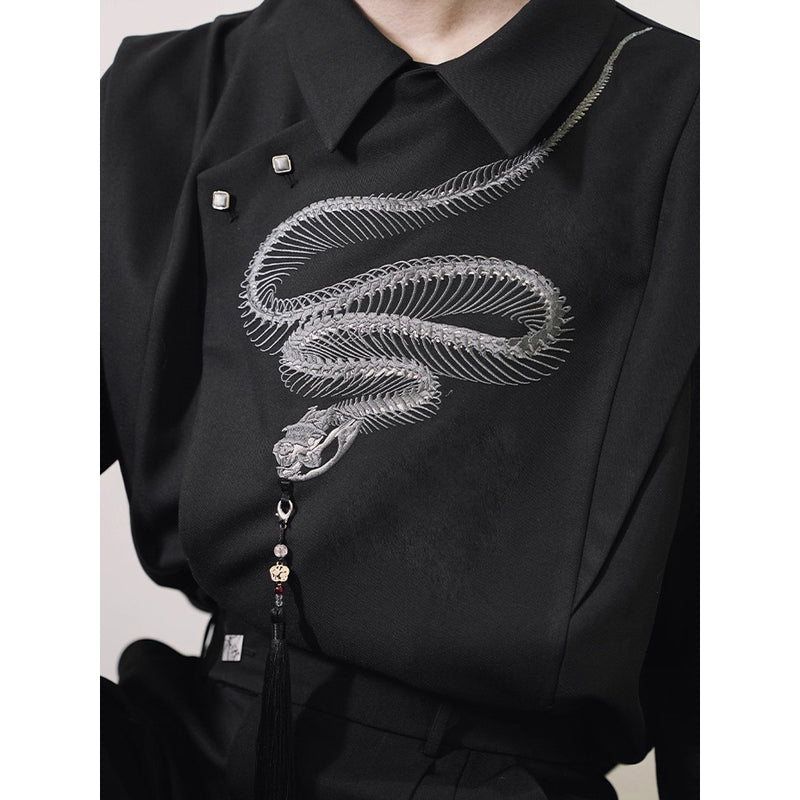 蛇骨の刺繍アシンメトリートップス - Black