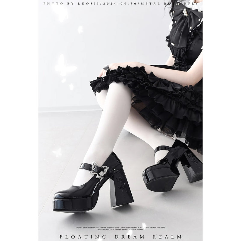 薔薇の花と蝶のゴシックヒールパンプス - Glossy Black