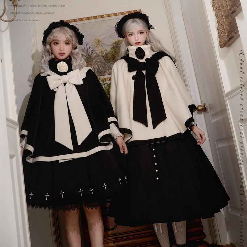 物語のお嬢様のケープコートとリボンフード - Black[2025年12月上旬-2026年1月上旬発送予定]