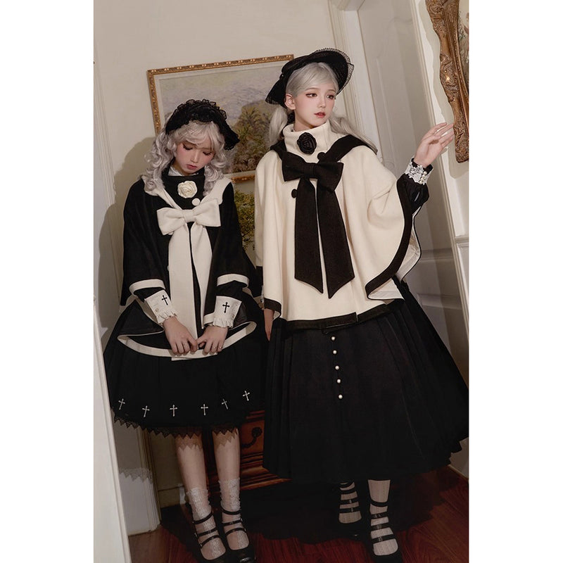 物語のお嬢様のケープコートとリボンフード - Black[2025年12月上旬-2026年1月上旬発送予定]